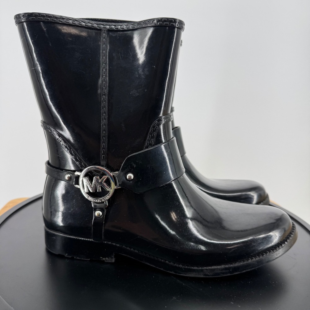 Michael Kors Black Rubber Rain Boots MK Logo Harness Moto Mid Calf Womens 8